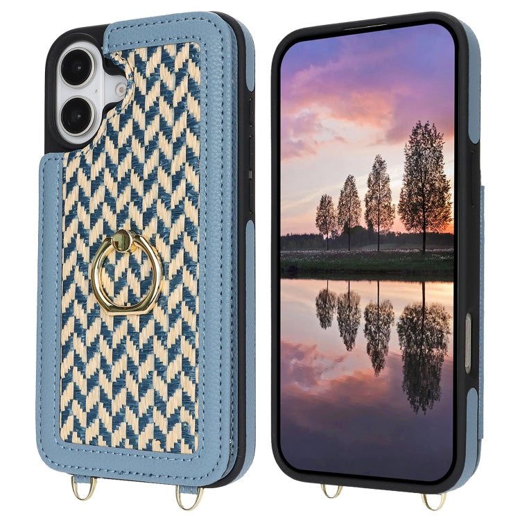 For iPhone 16 Plus Double Bckle Card Slot Full Coverage Phone Case with Cross-body Strap(Blue) - iPhone 16 Plus Cases by buy2fix | Online Shopping UK | buy2fix