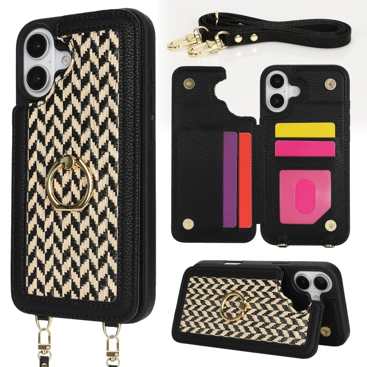 For iPhone 16 Double Bckle Card Slot Full Coverage Phone Case with Cross-body Strap(Black) - iPhone 16 Cases by buy2fix | Online Shopping UK | buy2fix