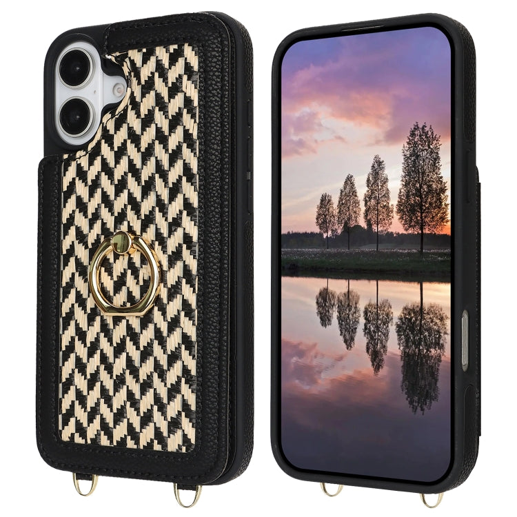 For iPhone 16 Double Bckle Card Slot Full Coverage Phone Case with Cross-body Strap(Black) - iPhone 16 Cases by buy2fix | Online Shopping UK | buy2fix