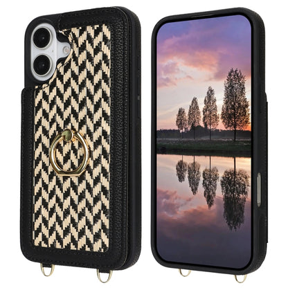 For iPhone 16 Double Bckle Card Slot Full Coverage Phone Case with Cross-body Strap(Black) - iPhone 16 Cases by buy2fix | Online Shopping UK | buy2fix