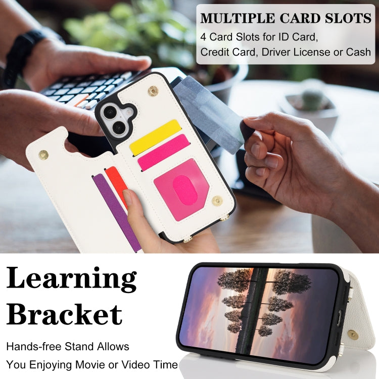 For iPhone 16 Double Bckle Card Slot Full Coverage Phone Case with Cross-body Strap(White) - iPhone 16 Cases by buy2fix | Online Shopping UK | buy2fix