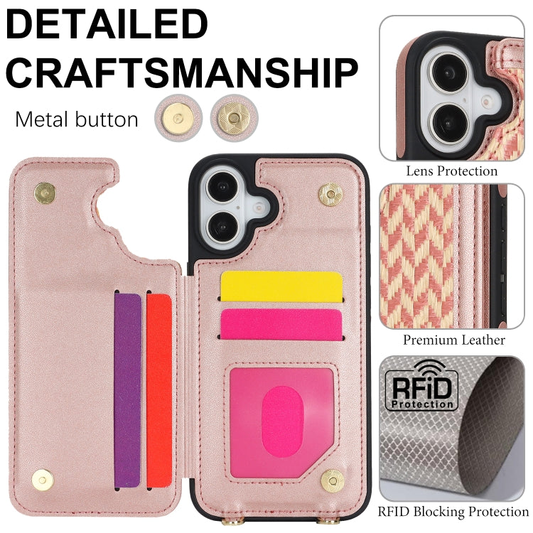 For iPhone 16 Double Bckle Card Slot Full Coverage Phone Case with Cross-body Strap(Rose Gold) - iPhone 16 Cases by buy2fix | Online Shopping UK | buy2fix