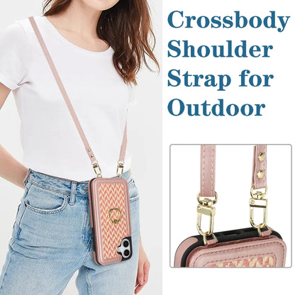 For iPhone 16 Double Bckle Card Slot Full Coverage Phone Case with Cross-body Strap(Rose Gold) - iPhone 16 Cases by buy2fix | Online Shopping UK | buy2fix