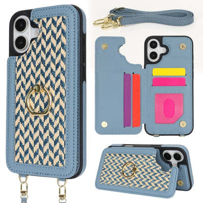 For iPhone 16 Double Bckle Card Slot Full Coverage Phone Case with Cross-body Strap(Blue) - iPhone 16 Cases by buy2fix | Online Shopping UK | buy2fix