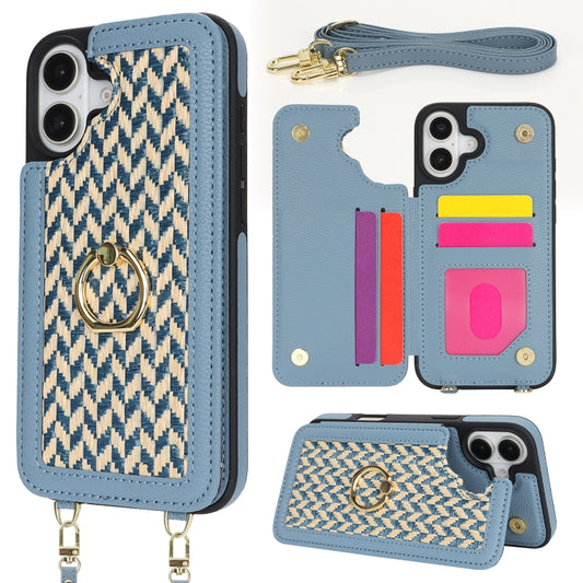 For iPhone 16 Double Bckle Card Slot Full Coverage Phone Case with Cross-body Strap(Blue) - iPhone 16 Cases by buy2fix | Online Shopping UK | buy2fix