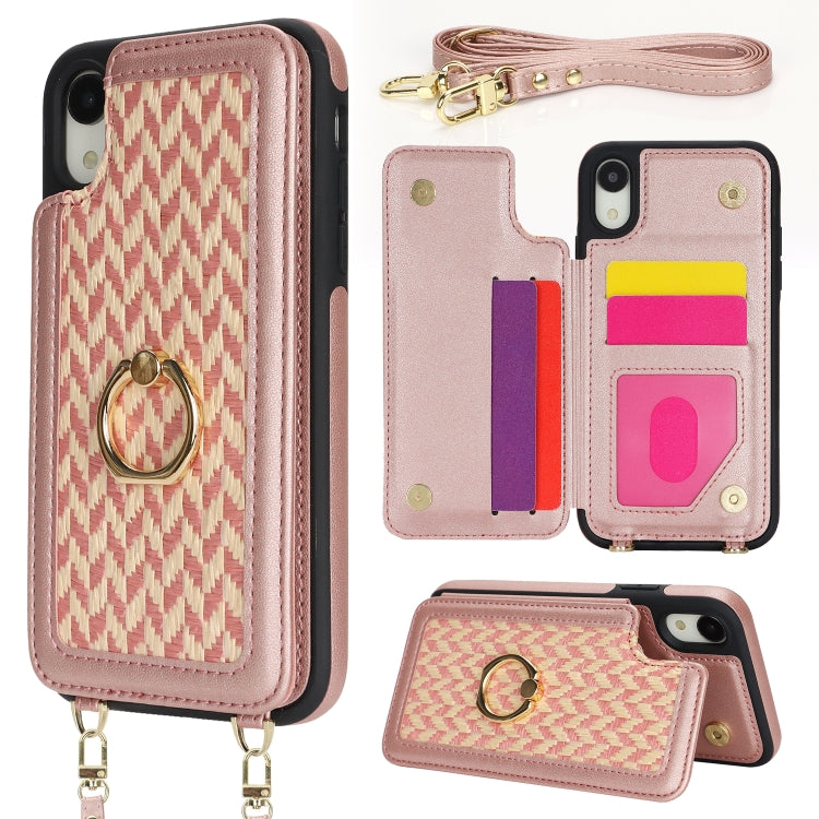 For iPhone XR Double Bckle Card Slot Full Coverage Phone Case with Cross-body Strap(Rose Gold) - More iPhone Cases by buy2fix | Online Shopping UK | buy2fix