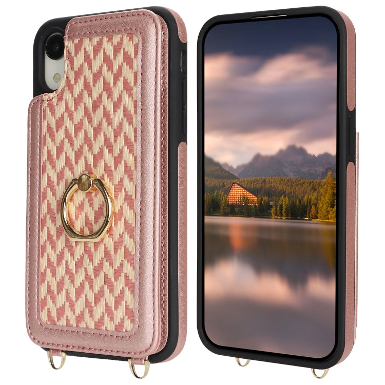 For iPhone XR Double Bckle Card Slot Full Coverage Phone Case with Cross-body Strap(Rose Gold) - More iPhone Cases by buy2fix | Online Shopping UK | buy2fix