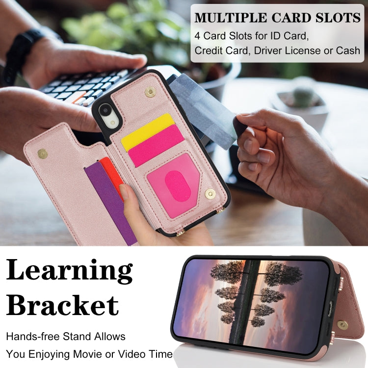 For iPhone XR Double Bckle Card Slot Full Coverage Phone Case with Cross-body Strap(Rose Gold) - More iPhone Cases by buy2fix | Online Shopping UK | buy2fix