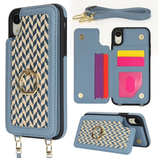 For iPhone XR Double Bckle Card Slot Full Coverage Phone Case with Cross-body Strap(Blue) - More iPhone Cases by buy2fix | Online Shopping UK | buy2fix