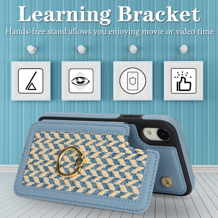 For iPhone XR Double Bckle Card Slot Full Coverage Phone Case with Cross-body Strap(Blue) - More iPhone Cases by buy2fix | Online Shopping UK | buy2fix