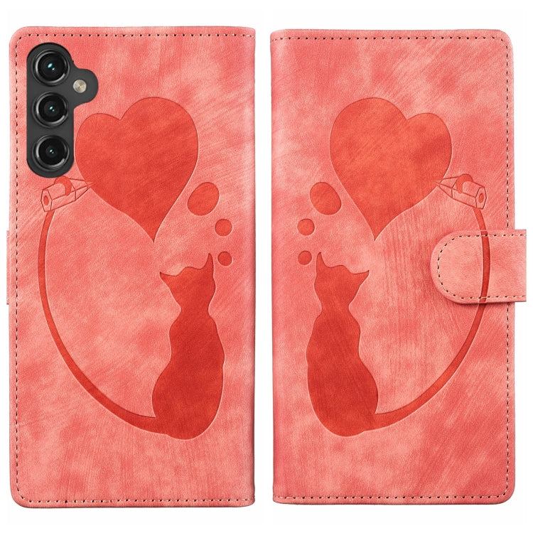 For Samsung Galaxy S25 5G Pen Heart Cat Embossed Leather Phone Case(Orange) by buy2fix