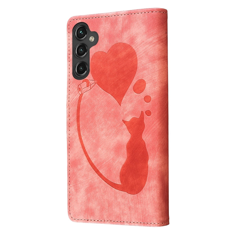For Samsung Galaxy S25 5G Pen Heart Cat Embossed Leather Phone Case(Orange) by buy2fix