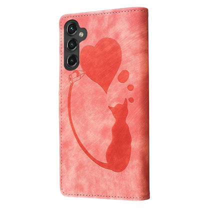 For Samsung Galaxy S25 5G Pen Heart Cat Embossed Leather Phone Case(Orange) by buy2fix