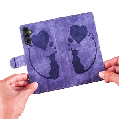 For Samsung Galaxy S25 5G Pen Heart Cat Embossed Leather Phone Case(Purple) - Galaxy S25 5G Cases by buy2fix | Online Shopping UK | buy2fix