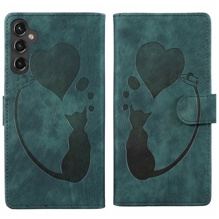 For Samsung Galaxy S25 5G Pen Heart Cat Embossed Leather Phone Case(Green) - Galaxy S25 5G Cases by buy2fix | Online Shopping UK | buy2fix