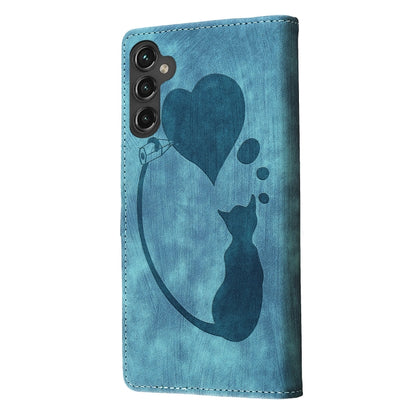 For Samsung Galaxy S25 5G Pen Heart Cat Embossed Leather Phone Case(Blue) - Galaxy S25 5G Cases by buy2fix | Online Shopping UK | buy2fix