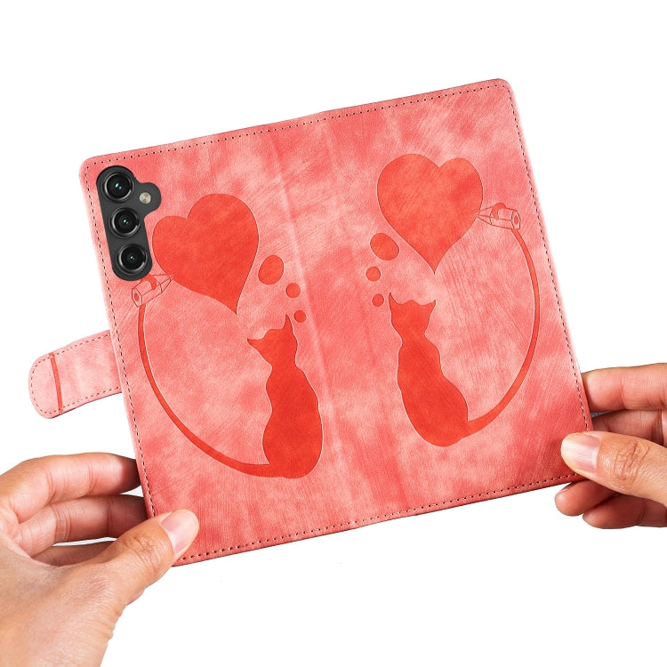 For Samsung Galaxy S25+ 5G Pen Heart Cat Embossed Leather Phone Case(Orange) by buy2fix