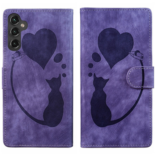 For Samsung Galaxy S25+ 5G Pen Heart Cat Embossed Leather Phone Case(Purple) by buy2fix