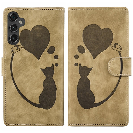 For Samsung Galaxy S25+ 5G Pen Heart Cat Embossed Leather Phone Case(Apricot)