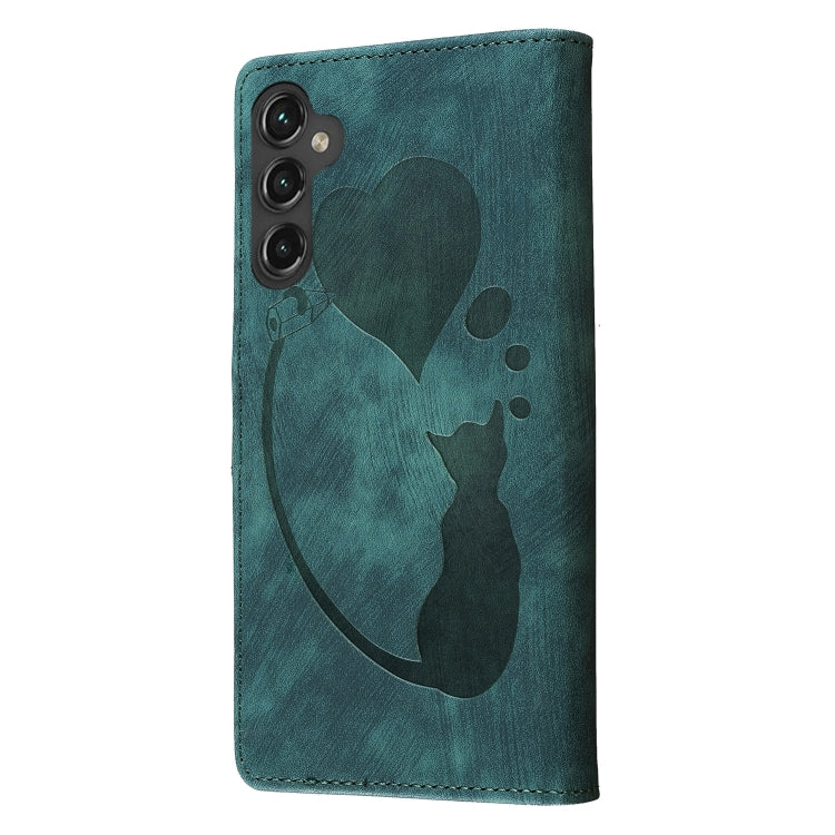 For Samsung Galaxy S25+ 5G Pen Heart Cat Embossed Leather Phone Case(Green) by buy2fix