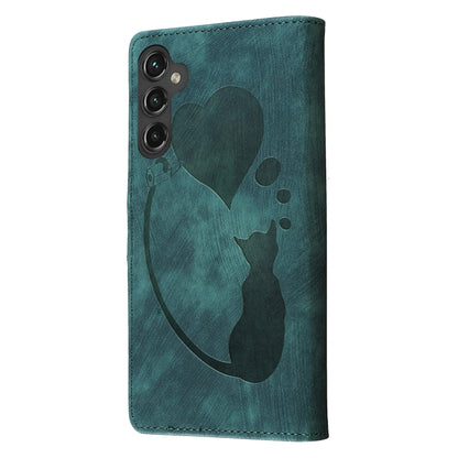 For Samsung Galaxy S25+ 5G Pen Heart Cat Embossed Leather Phone Case(Green) by buy2fix