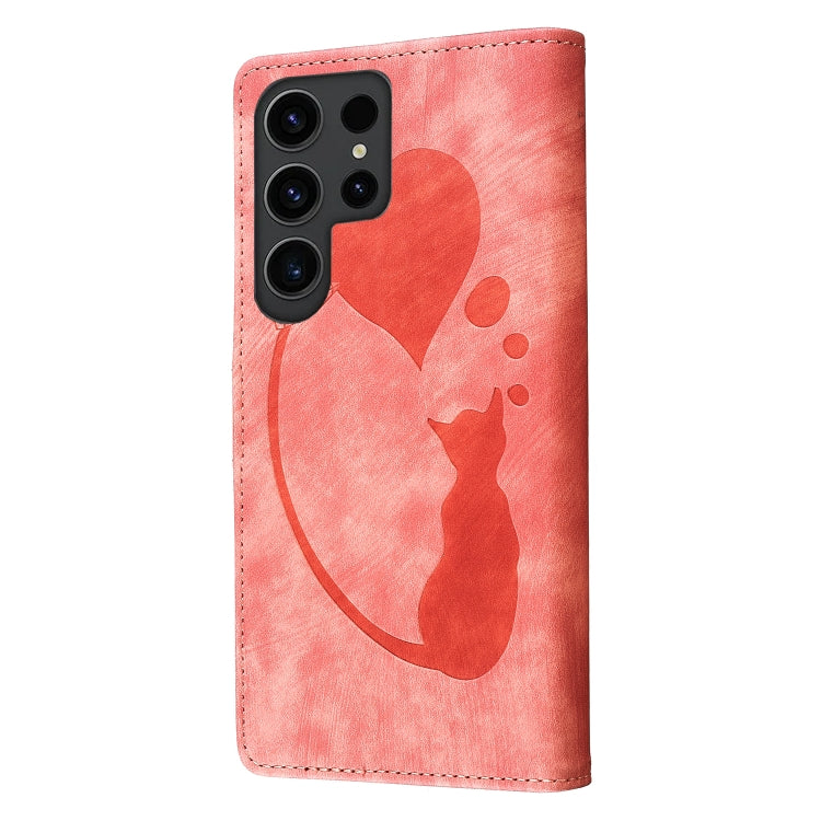 For Samsung Galaxy S25 Ultra 5G Pen Heart Cat Embossed Leather Phone Case(Orange) by buy2fix