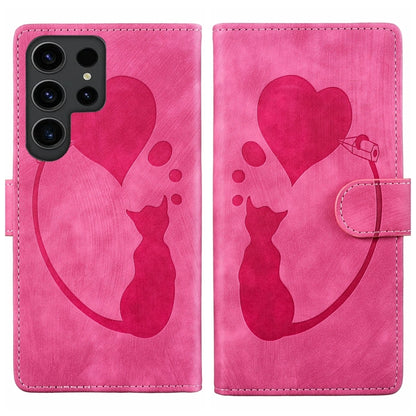 For Samsung Galaxy S25 Ultra 5G Pen Heart Cat Embossed Leather Phone Case(Pink) - Galaxy S25 Ultra 5G Cases by buy2fix | Online Shopping UK | buy2fix