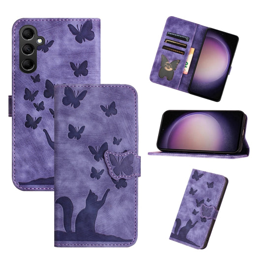 For Samsung Galaxy S25+ 5G Butterfly Cat Embossing Flip Leather Phone Case(Purple)