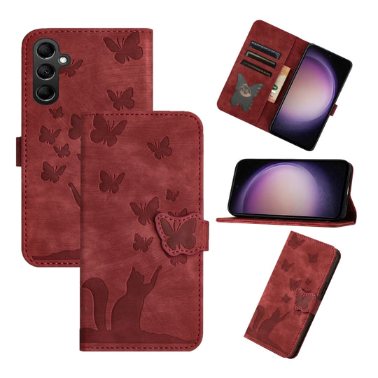 For Samsung Galaxy S25+ 5G Butterfly Cat Embossing Flip Leather Phone Case(Red)
