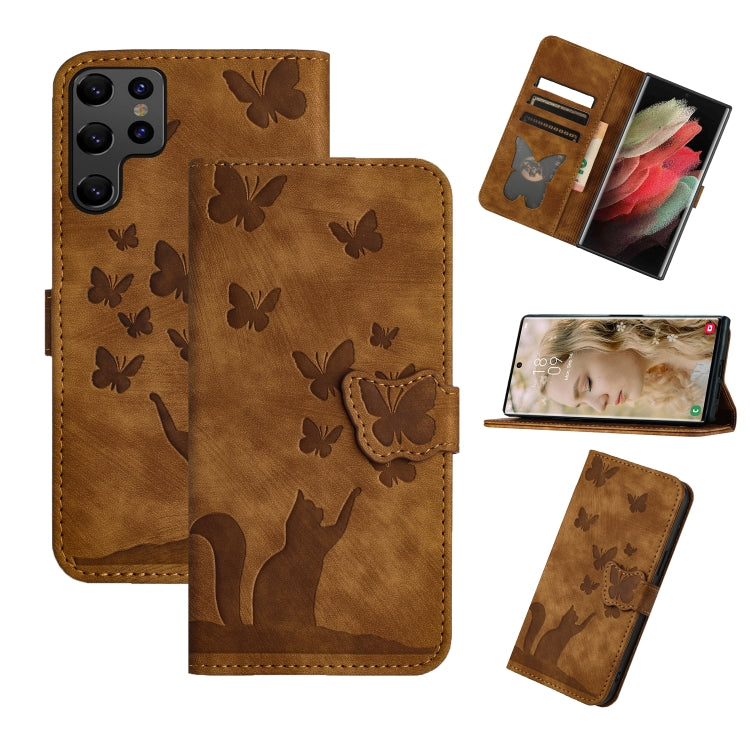 For Samsung Galaxy S25 Ultra 5G Butterfly Cat Embossing Flip Leather Phone Case(Brown) by buy2fix