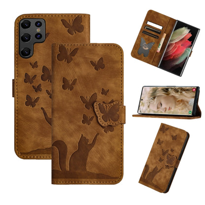For Samsung Galaxy S25 Ultra 5G Butterfly Cat Embossing Flip Leather Phone Case(Brown) by buy2fix