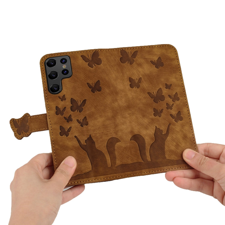 For Samsung Galaxy S25 Ultra 5G Butterfly Cat Embossing Flip Leather Phone Case(Brown) by buy2fix