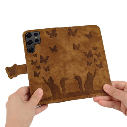 For Samsung Galaxy S25 Ultra 5G Butterfly Cat Embossing Flip Leather Phone Case(Brown) by buy2fix