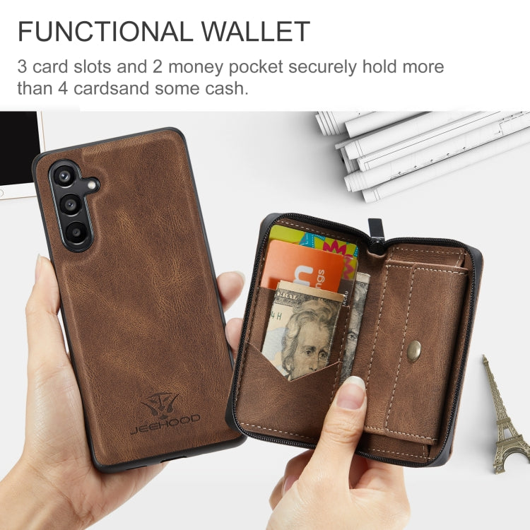 For Samsung Galaxy A16 5G JEEHOOD J02 Magnetic Zipper Horizontal Flip Leather Phone Case(Brown) - Galaxy Phone Cases by JEEHOOD | Online Shopping UK | buy2fix