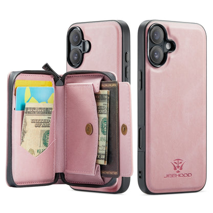 For iPhone 16 Plus JEEHOOD J02 Magnetic Zipper Horizontal Flip Leather Phone Case(Pink) by JEEHOOD