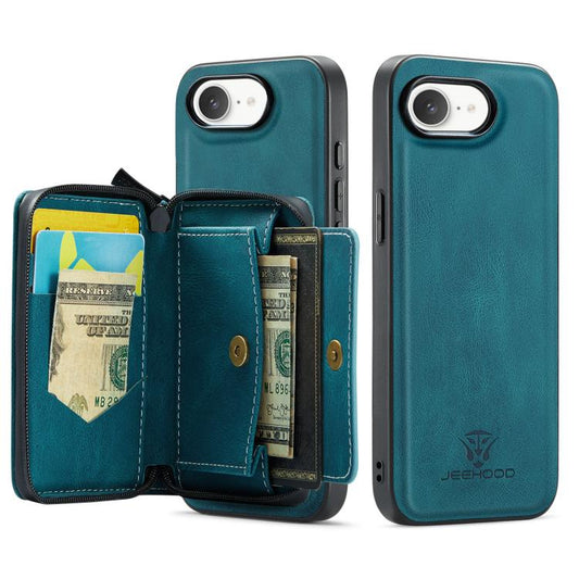For iPhone 16e JEEHOOD J02 Magnetic Zipper Horizontal Flip Leather Phone Case(Blue) - iPhone 16e Cases by JEEHOOD | Online Shopping UK | buy2fix