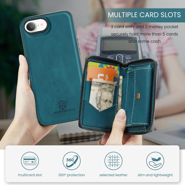 For iPhone 16e JEEHOOD J02 Magnetic Zipper Horizontal Flip Leather Phone Case(Blue) - iPhone 16e Cases by JEEHOOD | Online Shopping UK | buy2fix