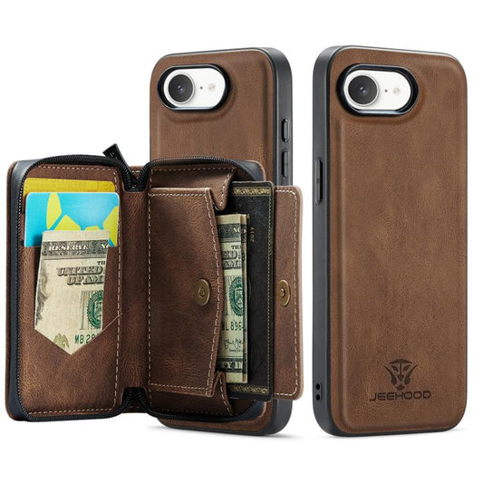 For iPhone 16e JEEHOOD J02 Magnetic Zipper Horizontal Flip Leather Phone Case(Brown) - iPhone 16e Cases by JEEHOOD | Online Shopping UK | buy2fix