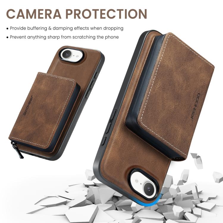 For iPhone 16e JEEHOOD J02 Magnetic Zipper Horizontal Flip Leather Phone Case(Brown) - iPhone 16e Cases by JEEHOOD | Online Shopping UK | buy2fix