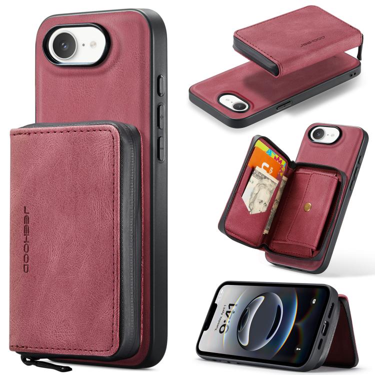 For iPhone 16e JEEHOOD J02 Magnetic Zipper Horizontal Flip Leather Phone Case(Red) - iPhone 16e Cases by JEEHOOD | Online Shopping UK | buy2fix