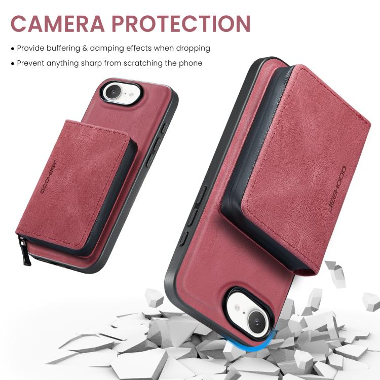 For iPhone 16e JEEHOOD J02 Magnetic Zipper Horizontal Flip Leather Phone Case(Red) - iPhone 16e Cases by JEEHOOD | Online Shopping UK | buy2fix