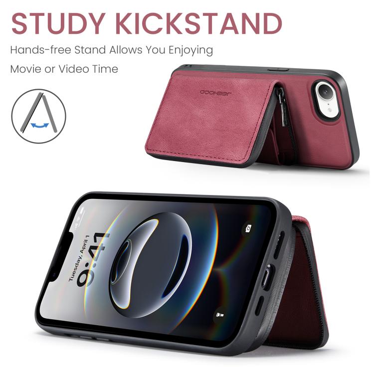 For iPhone 16e JEEHOOD J02 Magnetic Zipper Horizontal Flip Leather Phone Case(Red) - iPhone 16e Cases by JEEHOOD | Online Shopping UK | buy2fix