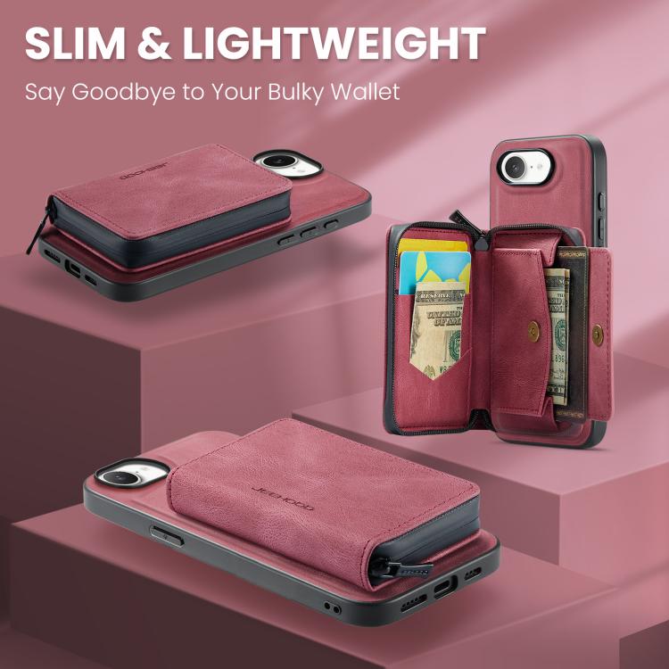 For iPhone 16e JEEHOOD J02 Magnetic Zipper Horizontal Flip Leather Phone Case(Red) - iPhone 16e Cases by JEEHOOD | Online Shopping UK | buy2fix