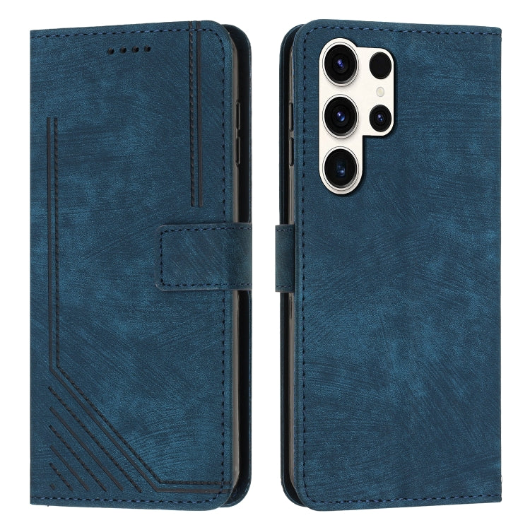 For Samsung Galaxy S25 Ultra 5G Skin Feel Stripe Pattern Leather Phone Case with Lanyard(Blue) by buy2fix