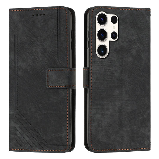 For Samsung Galaxy S25 Ultra 5G Skin Feel Stripe Pattern Leather Phone Case with Lanyard(Black)