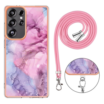 For Samsung Galaxy S25 Ultra 5G Electroplating Marble Dual-side IMD Phone Case with Lanyard(Pink 013) - Galaxy S25 Ultra 5G Cases by buy2fix | Online Shopping UK | buy2fix