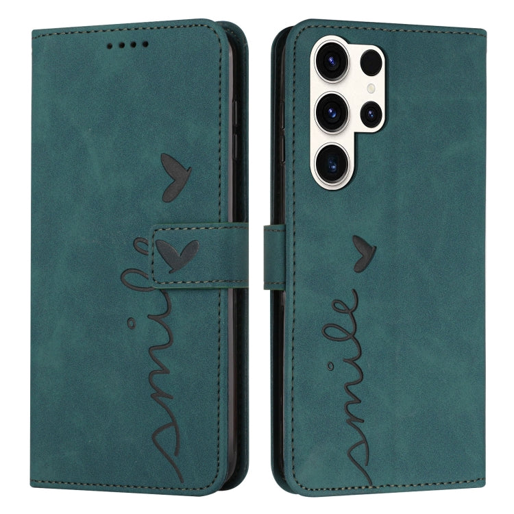 For Samsung Galaxy S25 Ultra 5G Skin Feel Heart Embossed Leather Phone Case with Long Lanyard(Green) by buy2fix