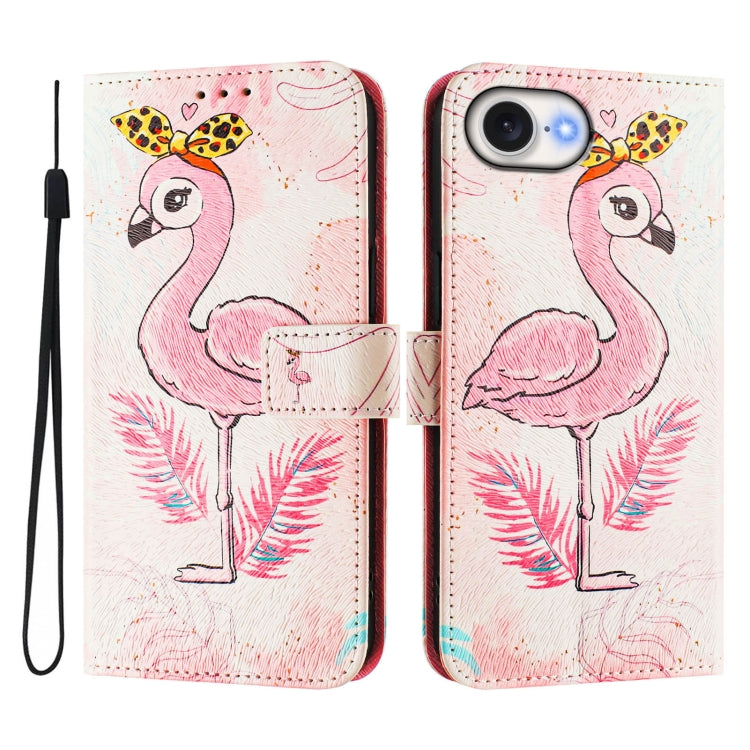 For iPhone 16e Art Colored Drawing Pattern Leather Phone Case(Flamingo) - iPhone 16e Cases by buy2fix | Online Shopping UK | buy2fix