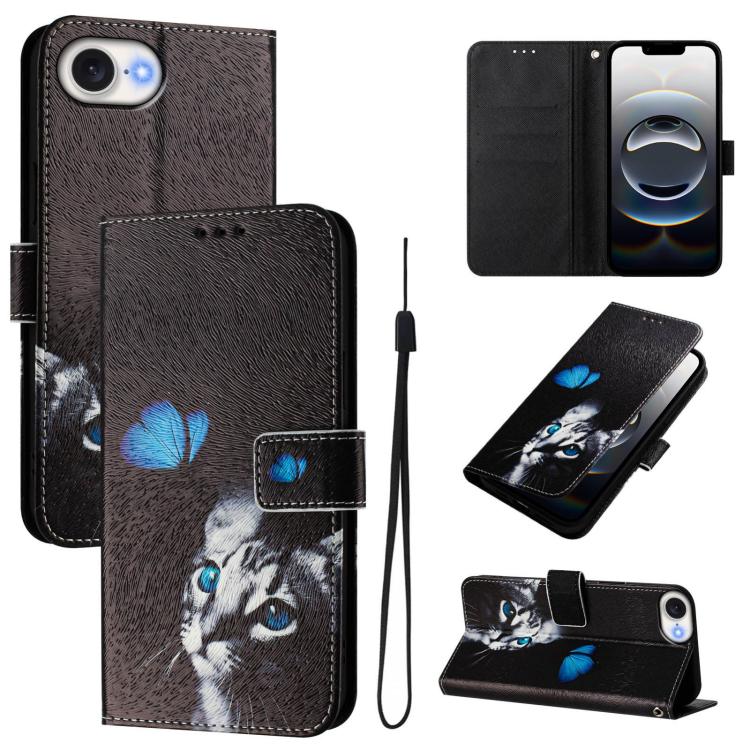 For iPhone 16e Art Colored Drawing Pattern Leather Phone Case(Butterfly cat) - iPhone 16e Cases by buy2fix | Online Shopping UK | buy2fix
