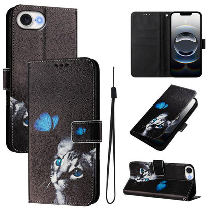 For iPhone 16e Art Colored Drawing Pattern Leather Phone Case(Butterfly cat) - iPhone 16e Cases by buy2fix | Online Shopping UK | buy2fix